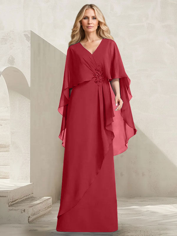 Robe mère de la mariée longue en chiffon coupe trapèze à col en V avec volants en cascade et perles