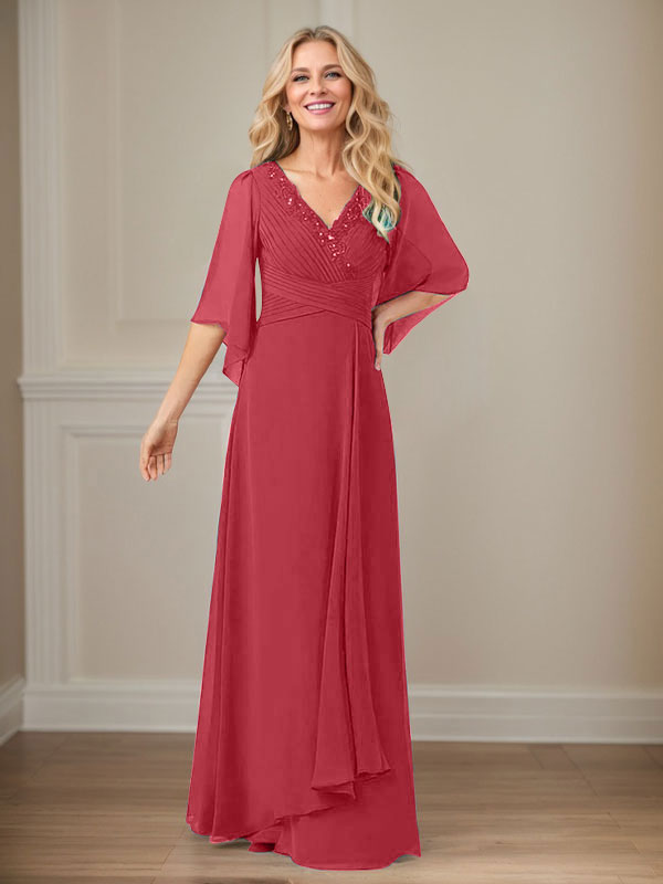 A-Linien V-Ausschnitt langes Pailletten-Chiffon Mutterkleid