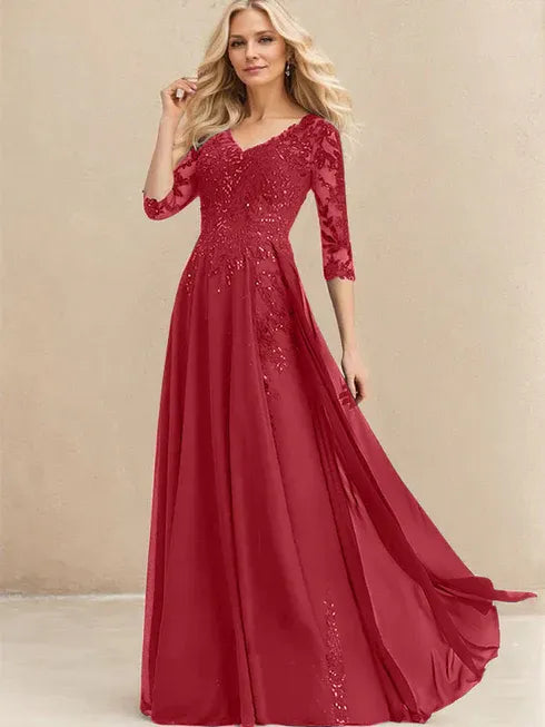 A-Linien V-Ausschnitt Bodenlanges Spitzen-Chiffon Kleid für die Brautmutter mit Pailletten