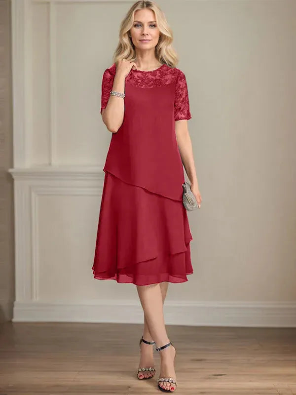 A-Linien Rundhals Illusions-Knie-Länge Spitzen-Chiffon Kleid für die Brautmutter mit Pailletten