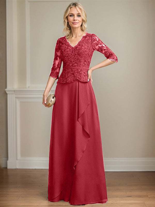 Robe mère de la mariée en dentelle et chiffon, coupe évasée, encolure en V, longue au sol avec volants en cascade et sequins