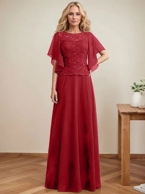 A-Linien Rundhals Illusions-Bodenlanges Spitzen-Chiffon Mutter-der-Braut-Kleid mit Pailletten