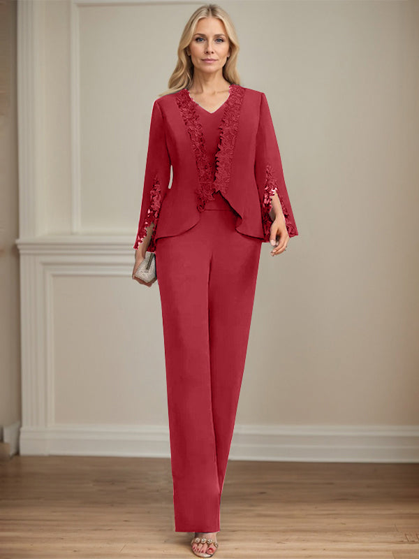 Zweiteiler Jumpsuit/Hosenanzug V-Ausschnitt bodenlanges Chiffon Mutter der Braut Kleid