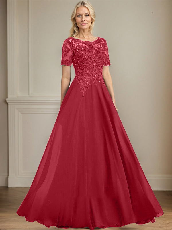A-Linien Rundhals Illusions-Bodenlanges Chiffon-Spitzenkleid für die Mutter der Braut mit Pailletten und Perlen
