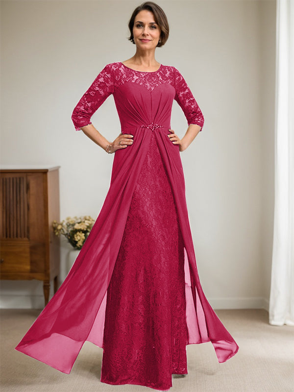 A-Linien Rundhalsausschnitt Illusions-Bodenlanges Spitzen-Chiffonkleid für die Brautmutter mit Perlen und Volants
