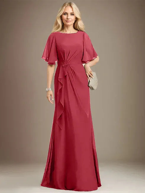 A-Linien Rundhals bodenlanges Chiffon Mutter der Braut Kleid mit kaskadierenden Rüschen Perlen Pailletten