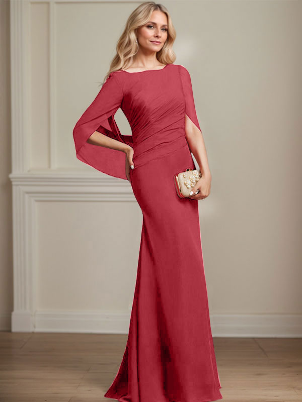 Trompeten-/Meerjungfrauen-Chiffonkleid mit Bootsausschnitt, bodenlang, plissiert, Brautmutterkleid