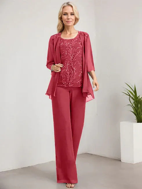 Zweiteiler Jumpsuit/Hosenanzug U-Ausschnitt bodenlanges Spitzen Chiffon Mutter der Braut Kleid mit Pailletten