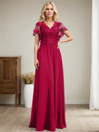 A-Linien V-Ausschnitt Bodenlanges Spitzen-Chiffon Kleid für die Brautmutter mit Pailletten