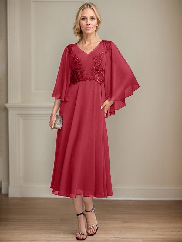 A-Linien-Brautmutterkleid aus Chiffon, V-Ausschnitt, tea-length mit Spitze, Pailletten und Perlen