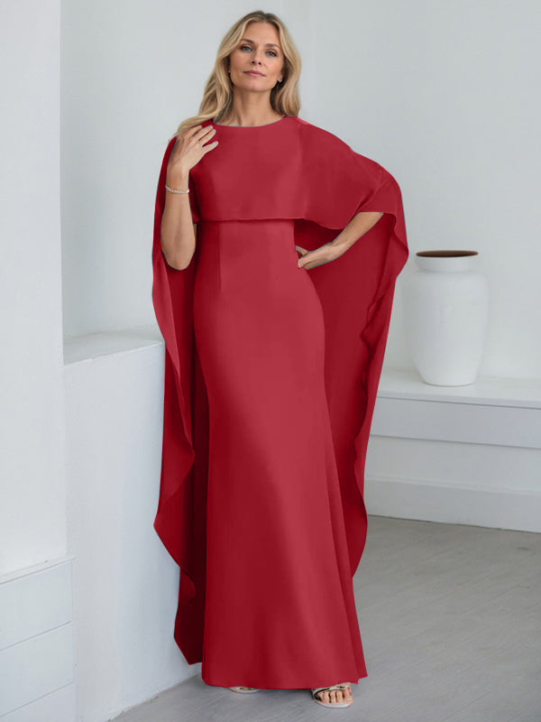 Etui-Kleid mit Rundhalsausschnitt, bodenlang, Chiffon, Mutter-der-Braut-Kleid mit kaskadierenden Rüschen