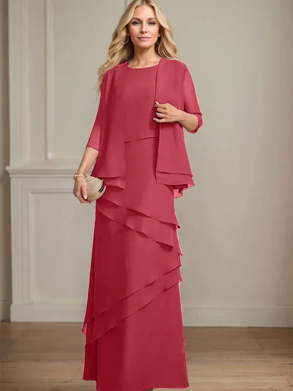 Abito da madre della sposa in chiffon a colonna con scollatura a U e lunghezza fino a terra