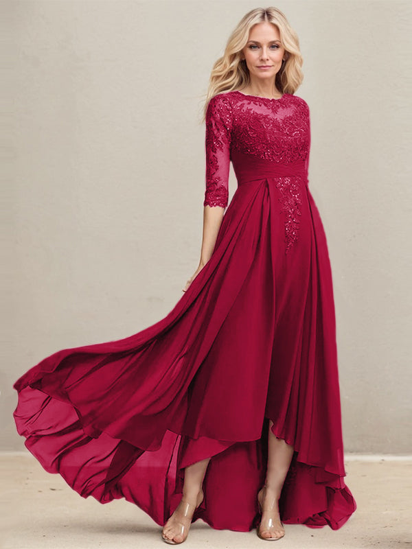 A-Linien Ausschnitt Illusions Asymmetrisches Spitzen-Chiffon Kleid für die Mutter der Braut mit plissierten Pailletten