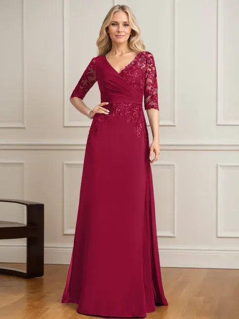 A-Linien V-Ausschnitt bodenlanges Spitzen-Chiffon Kleid der Brautmutter mit plissierten Pailletten