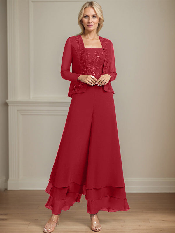 Zweiteiler Jumpsuit/Hosenanzug quadratisch knöchellang Spitze Chiffon Brautmutterkleid mit Pailletten