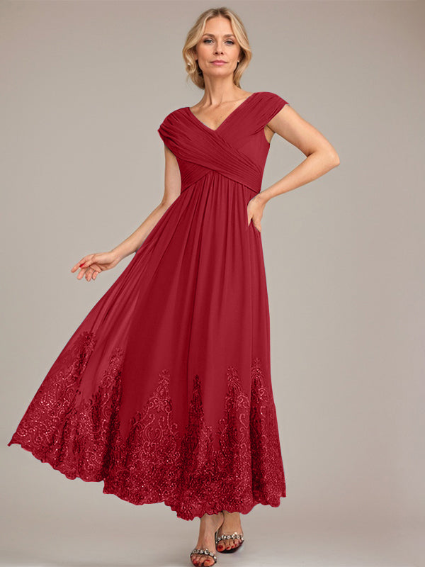 A-Linien V-Ausschnitt Knöchellanges Chiffon Kleid der Brautmutter mit Applikationen und Pailletten