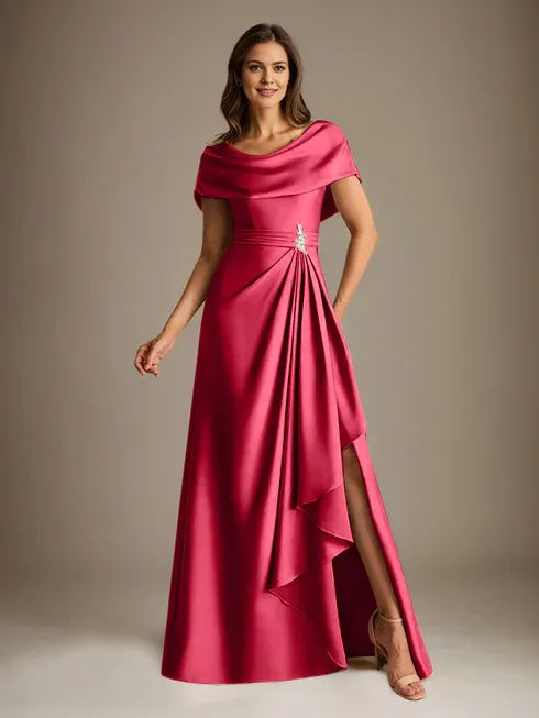A-Linien-Kleid mit Rundhalsausschnitt, bodenlang, aus Stretch-Satin, Brautmutterkleid mit fallenden Rüschen