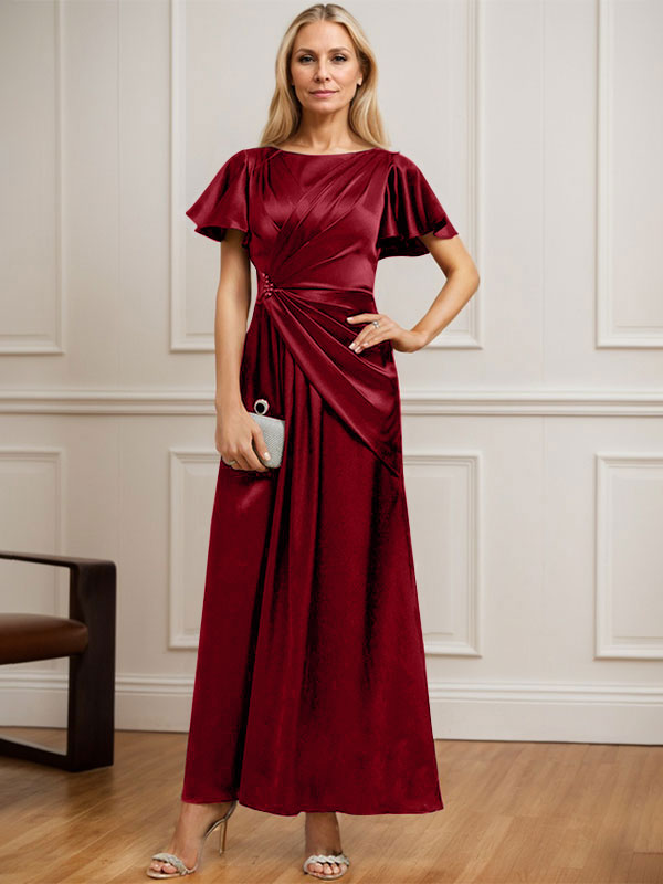 A-Linien Rundhals Knöchellanges Stretch Satin Mutter der Braut Kleid mit Plissierten Perlen