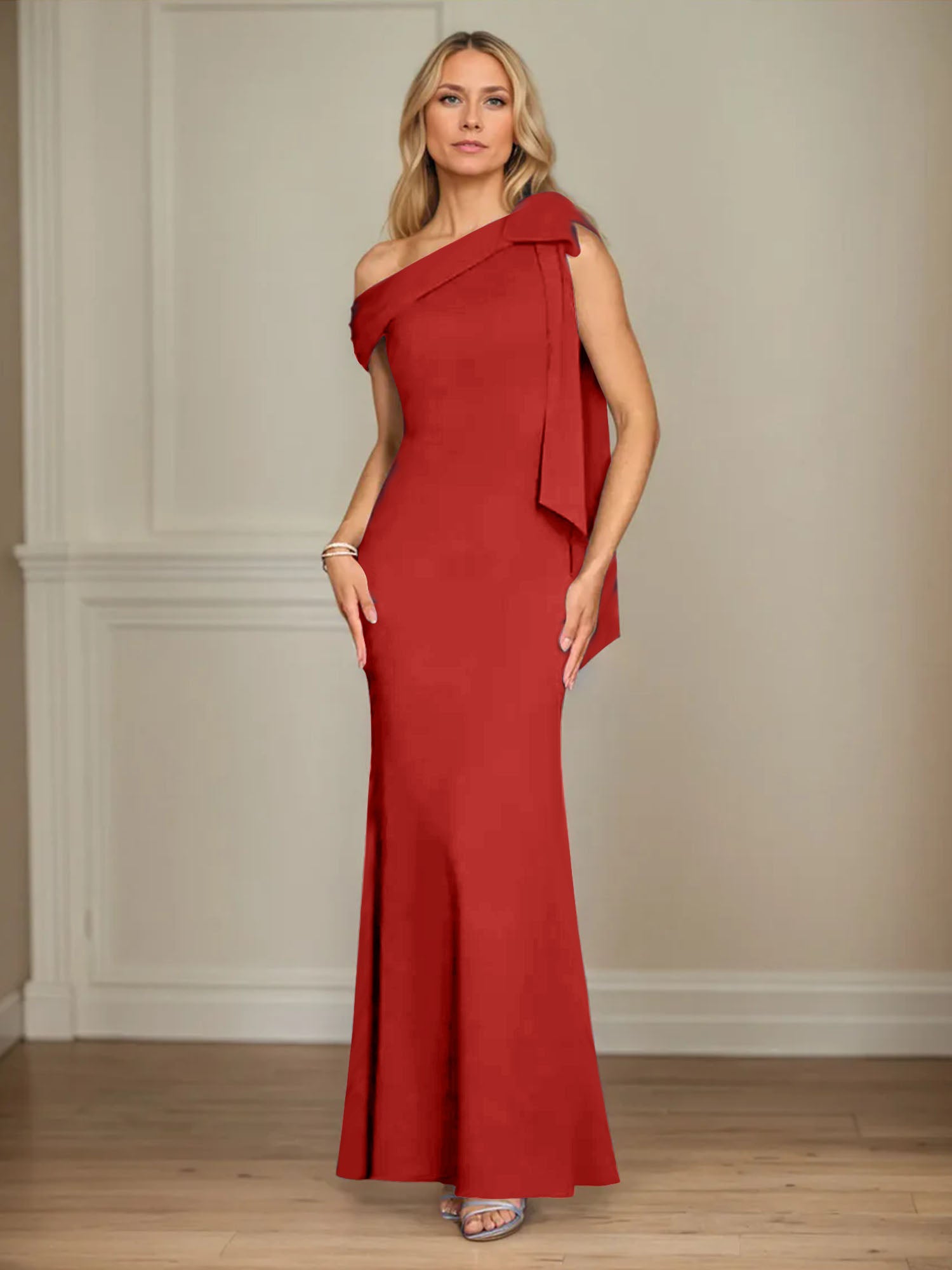 Trumpet/Mermaid Ein-Schulter Ärmelloses Stretch-Crêpe Kleid für die Brautmutter mit Schleife