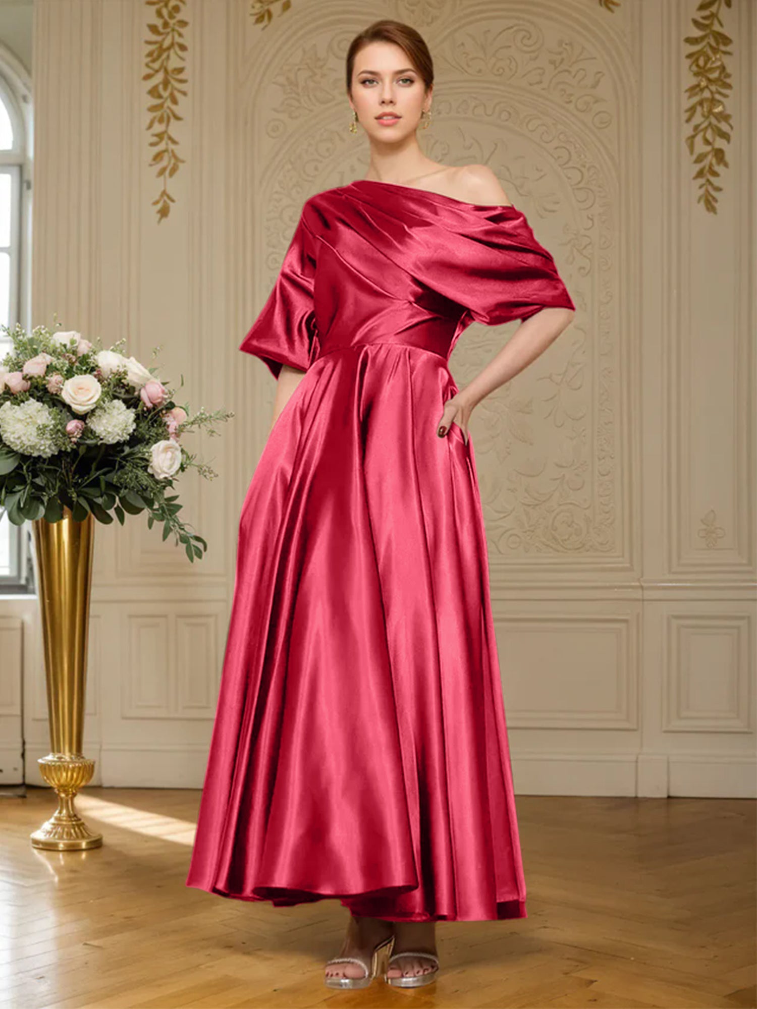 A-Linien Kurzarm plissiertes knöchellanges seidenähnliches Satin Kleid für die Brautmutter