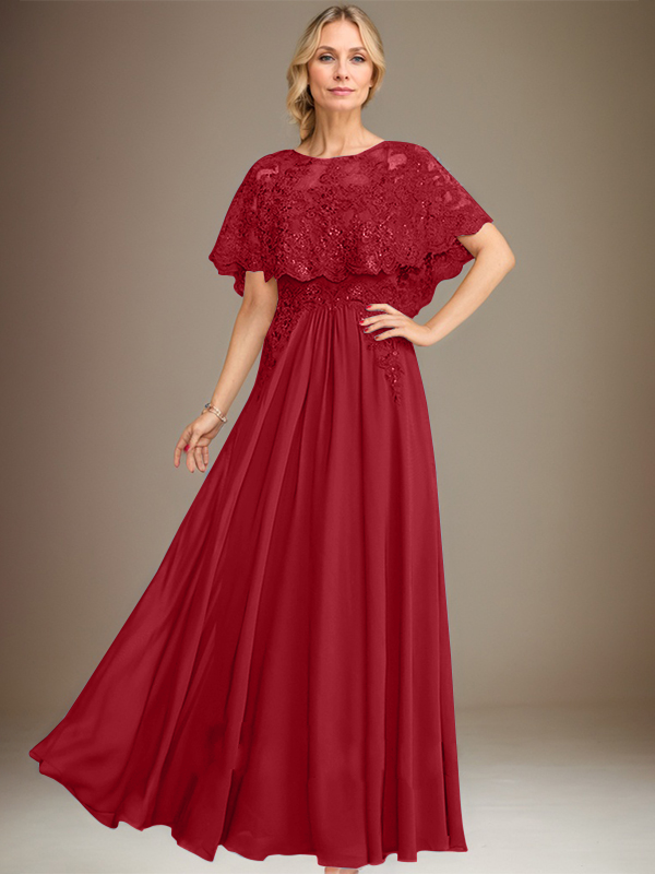 A-Linien Spitzen-Chiffon-Mutter-der-Braut-Kleid mit Bootsausschnitt, bodenlang und Applikations-Pailletten