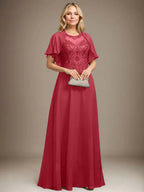 Vestido de madre de la novia de encaje y gasa con ilusión, escote redondo en línea A, largo hasta el suelo con lentejuelas