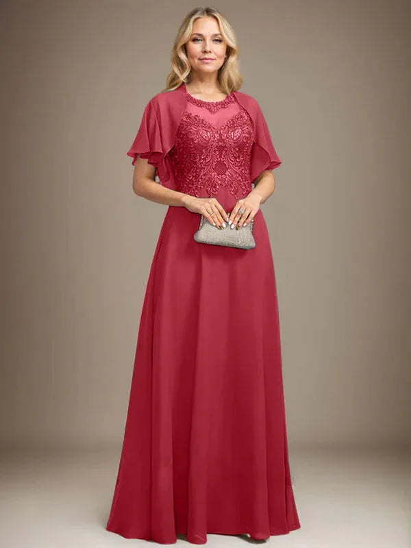 Vestido de madre de la novia de encaje y gasa con ilusión, escote redondo en línea A, largo hasta el suelo con lentejuelas