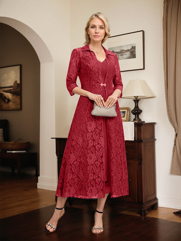 Robe mère de la mariée en mousseline longueur thé à encolure en V et coupe trapèze