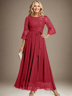 A-line Scoop Ankle-Length Lace Chiffon Mother of the Bride Dress With Bow