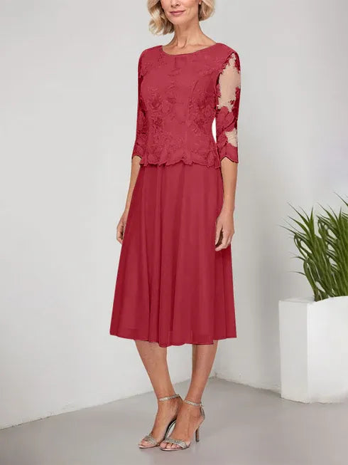 A-Linie Rundhals Tee-Länge Spitze Chiffon Mutter-der-Braut-Kleid mit Stickerei