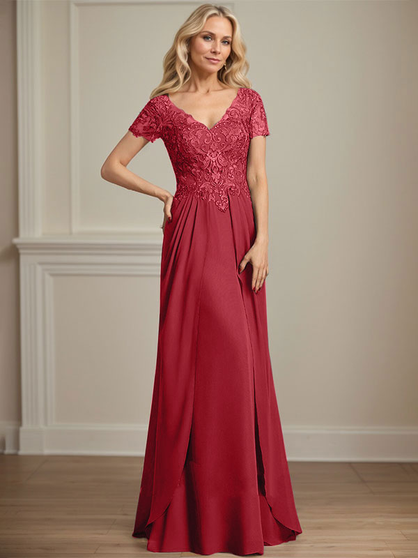 A-Linien Chiffon-Spitzen-Mutter-der-Braut-Kleid mit V-Ausschnitt, bodenlang