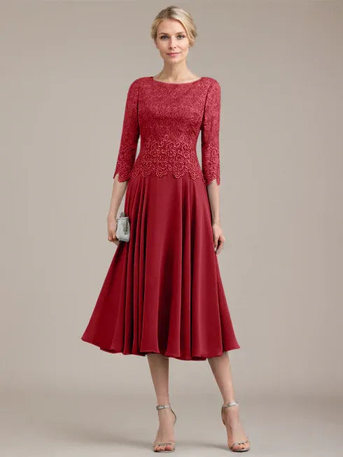 A-Linien Kleid mit Rundhalsausschnitt, tea-länge, Spitze und Chiffon, Mutter der Braut Kleid