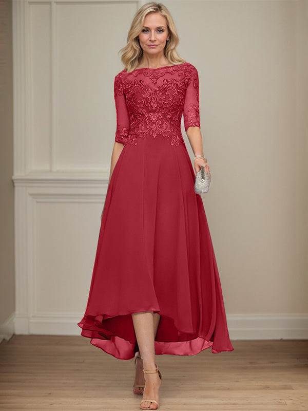 A-Linien Bootsausschnitt Illusionskleid mit asymmetrischem Chiffon-Spitzenstoff, Mutter-der-Braut-Kleid mit Paillettenperlen