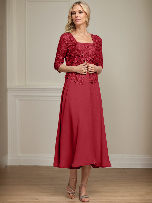 Robe de mère de la mariée en mousseline et dentelle ligne A longueur thé avec perles et sequins