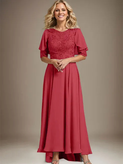 A-Linien Kleid mit Scoop-Ausschnitt, Illusion, asymmetrischem Chiffon und Spitzen, Mutter-der-Braut-Kleid mit Perlenbesatz