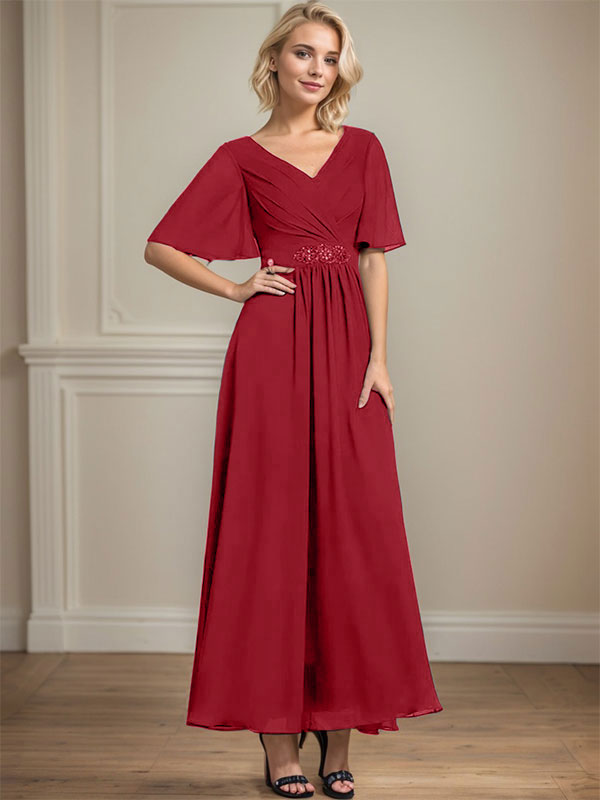A-Linien V-Ausschnitt Knöchellanges Chiffon Kleid für die Brautmutter mit plissierten Perlen und Pailletten