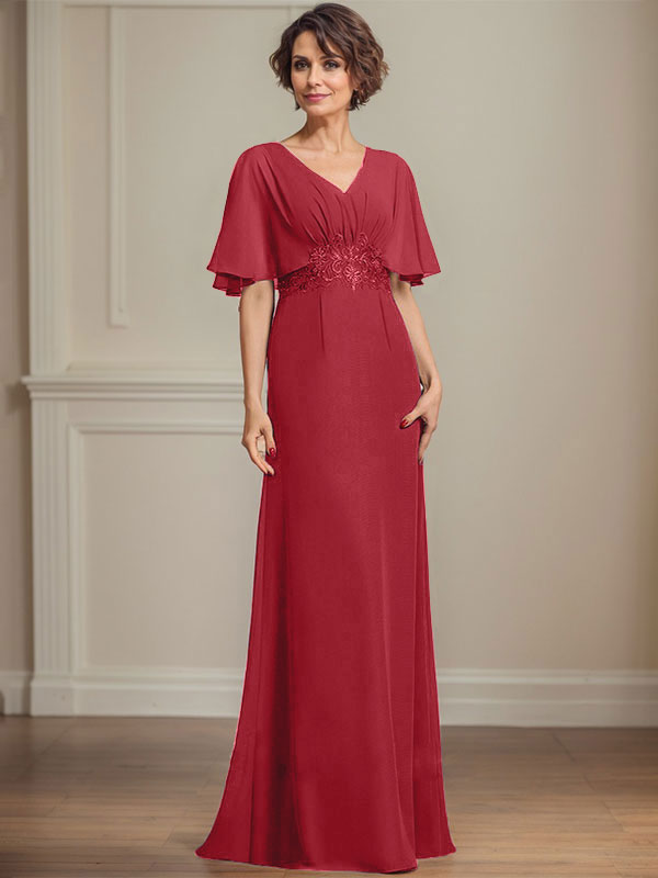 A-Linien Chiffon Mutter-der-Braut-Kleid mit V-Ausschnitt, bodenlang, mit plissierten Pailletten-Applikationen und Spitze