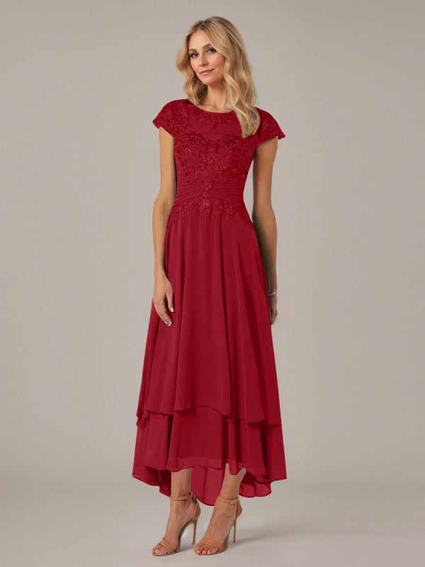 A-Linien Boot-Ausschnitt Illusions asymmetrisches Chiffon-Spitzen Mutterkleid der Braut mit Applikationsfalten