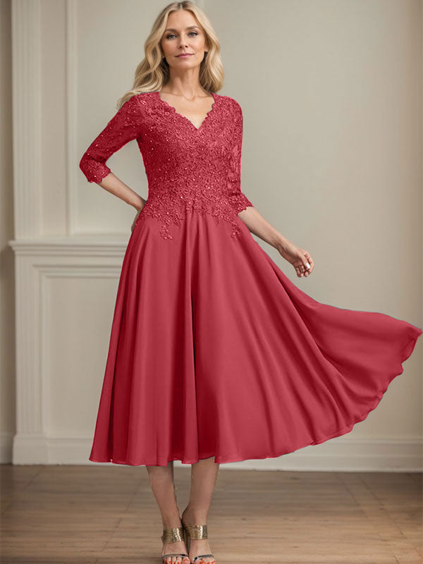 Robe de mère de la mariée en mousseline longueur thé, ligne A, col en V, en dentelle avec perles et sequins
