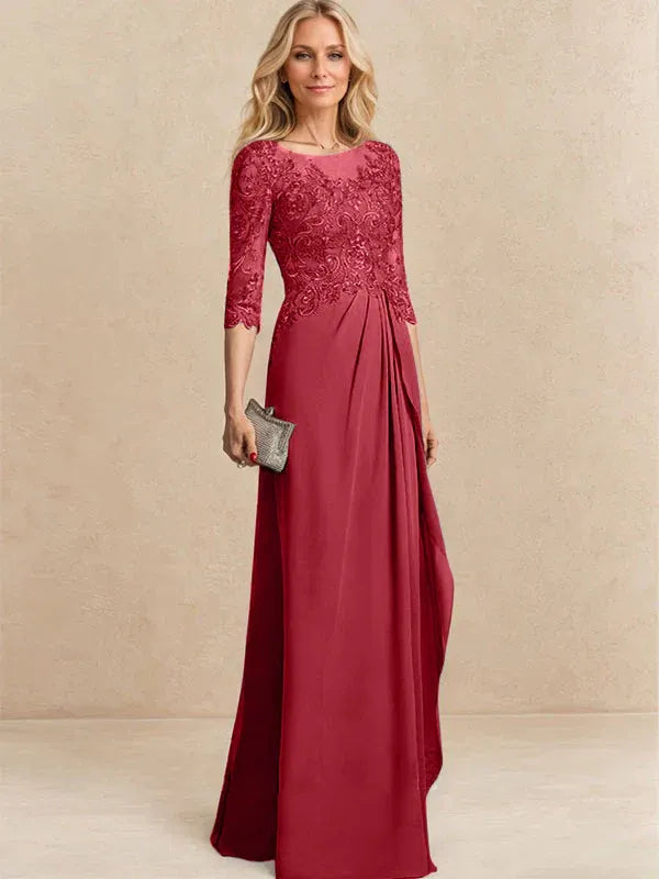 Vestido para la madre de la novia línea A con escote redondo ilusión, largo hasta el suelo, de gasa y encaje con cuentas, lentejuelas y volantes en cascada