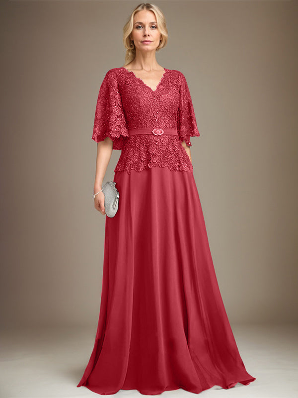 A-Linien V-Ausschnitt Bodenlanges Chiffon-Spitzen Mutter-der-Braut-Kleid mit Kristallbrosche und Strass