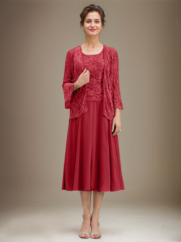 A-Linien Spitzen-Chiffon-Brautmutterkleid mit V-Ausschnitt, tea-length, mit Pailletten