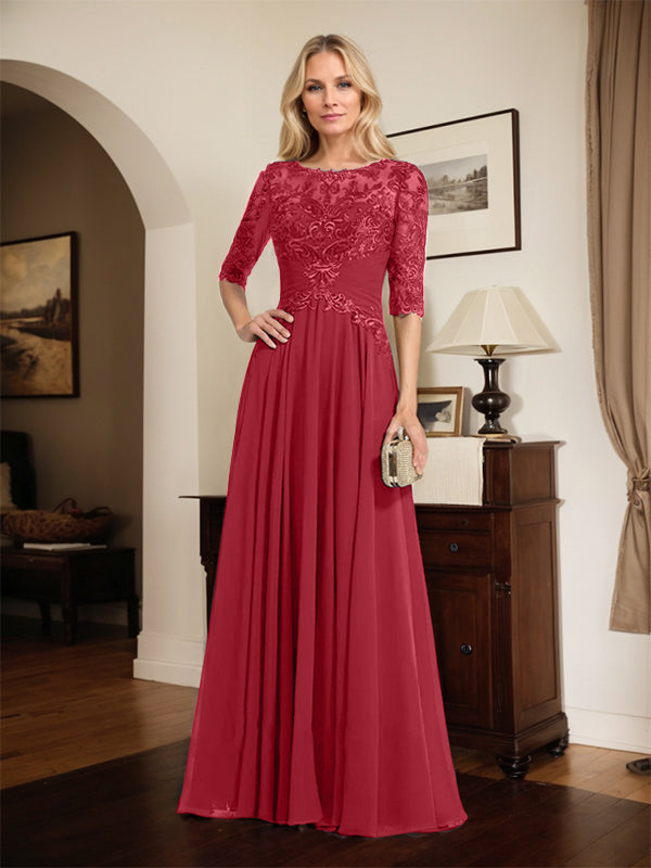 A-Linien Ausschnitt Illusions-Bodenlanges Chiffon-Spitzenkleid für die Mutter der Braut mit plissierten Pailletten