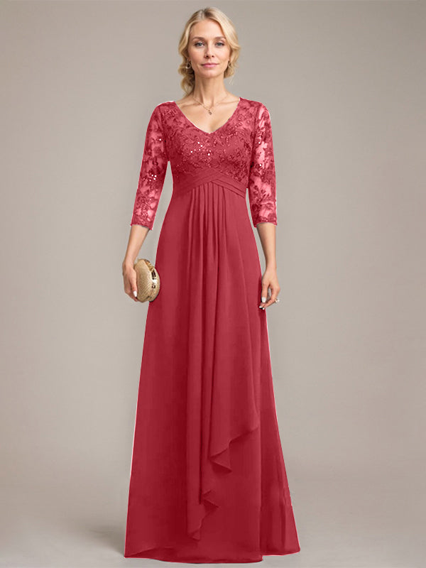A-Linien V-Ausschnitt bodenlanges Spitzen-Chiffonkleid für die Mutter der Braut mit kaskadierenden Rüschen und Pailletten