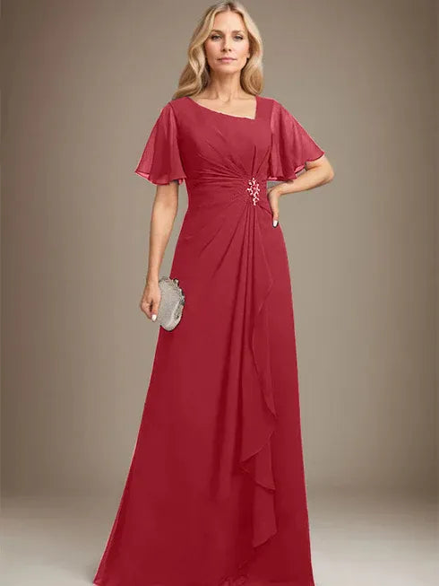 A-Linien asymmetrisches bodenlanges Chiffon Mutter-der-Braut-Kleid mit plissierten Perlen und Pailletten