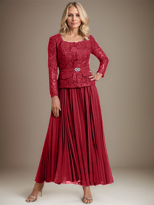 A-Linien-Kleid mit quadratischem Ausschnitt, knöchellang, Chiffon, Mutter der Braut, mit Falten