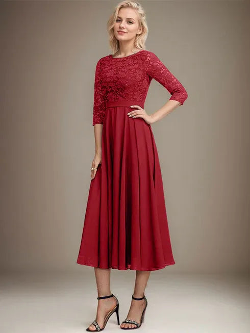 A-Linien Spitzen-Chiffon-Brautmutterkleid mit V-Ausschnitt, tea-length, mit Pailletten