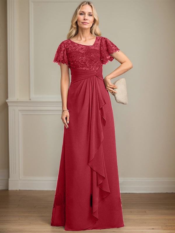 A-Linie asymmetrisches Illusions bodenlanges Spitzen-Chiffon Brautmutterkleid mit kaskadierenden Volants und Pailletten