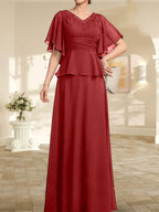 Robe mère de la mariée ligne A en chiffon longue au sol avec décolleté en V et perles plissées