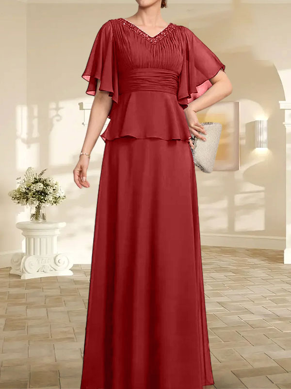 Robe mère de la mariée ligne A en chiffon longue au sol avec décolleté en V et perles plissées